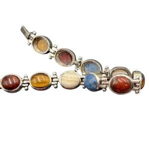 Sterling Silver Vintage Oval Stone Sodalite, Tigers Eye, Agate, Jasper Bracelet